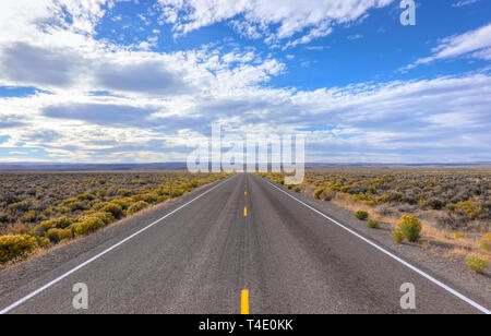 'La plus solitaire en Amérique route US 50' vue de la route sans fin, l'autoroute 50. Vous voyez la route vide, désert du Nevada et un ciel nuageux ciel bleu. Nevada, États-Unis Banque D'Images