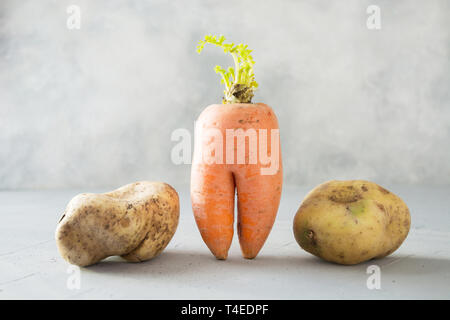 Bio légumes anormaux laid carotte et pommes de terre. L'espace pour le texte. Concept des légumes biologiques. Banque D'Images
