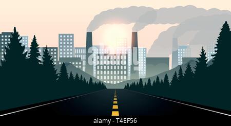 Route forestière vers la ville et la pollution par l'industrie EPS10 vector illustration Illustration de Vecteur