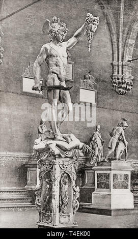 Statue de Persée avec la tête de Méduse, par Benvenuto Cellini, 1554. Selon la mythologie grecque, la Gorgone Méduse Persée décapité pour Polydectes et enregistrés à partir d'Andromède le monstre marin Cetus. À partir de la bibliothèque de documentation internationale célèbre, publié c. 1900. Banque D'Images