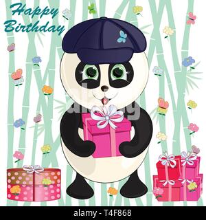 Cartoon cute panda sur un arrière-plan de bambou. anniversaire carte de vœux. Illustration de Vecteur