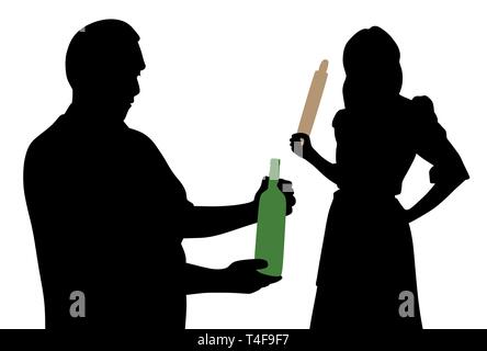 Mari à la recherche de bouteille d'alcool et l'épouse en colère maintenant rouleau à pâtisserie. Problème de famille l'alcoolisme. Illustration de Vecteur
