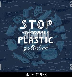 Bannière de l'environnement déchets plastiques Poubelle la vie marine dans notre océan et arrêter la pollution plastique texte décor. Vector illustration lettrage. Illustration de Vecteur