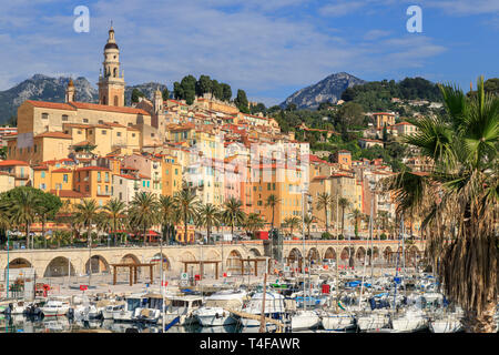 France, Alpes Maritimes, Menton, le port et la vieille ville dominée par la basilique Saint Michel Archange // France, Alpes-Maritimes (06), Menton, le Banque D'Images