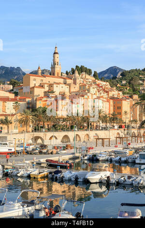 France, Alpes Maritimes, Menton, le port et la vieille ville dominée par la basilique Saint Michel Archange // France, Alpes-Maritimes (06), Menton, le Banque D'Images