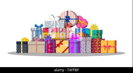 Pile de boîtes cadeaux isolé sur blanc. Enveloppé de couleurs. Vente, shopping. Boîtes présentent différentes tailles avec des arcs et des rubans. Collection pour un anniversaire Illustration de Vecteur