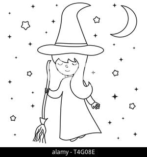 Cute cartoon noir et blanc belle sorcière avec balai vector illustration de l'art à colorier Illustration de Vecteur