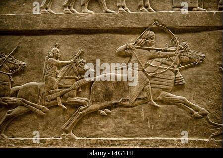 Sculpture bas-relief assyrien Assurnazirpal groupe de lion à la chasse. De Ninive au nord de l'Iraq, Palace, 668-627 av. J.-C. Musée Archéologique assyrien britannique Banque D'Images