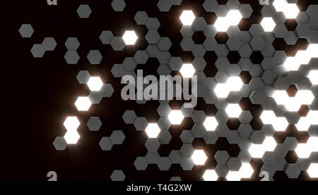 Rendu 3d géométrique avec fond en forme hexagonale en fibre de carbone des cellules et la lumière. Banque D'Images