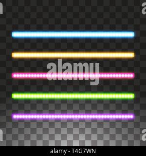 Voyant lumineux néon vecteur rayures, sur fond transparent, ensemble de rose, jaune, violet, bleu, vert brillant bandes décoratives de la diode Illustration de Vecteur