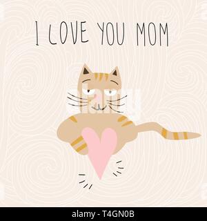 Chat mignon avec un coeur et une inscription je t'aime Maman. Mignon petit personnage dessiné pour les enfants. Carte de souhaits Illustration de Vecteur