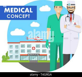 Concept médical. Illustration détaillée du médecin d'urgence homme en uniforme sur l'arrière-plan avec l'hôpital et en hélicoptère télévision style. Vector Illustration de Vecteur