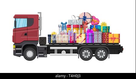 Pile de boîtes-cadeaux sur le camion. Enveloppé de couleurs. Vente, shopping. Boîtes présentent différentes tailles avec des arcs et des rubans. Collection pour anniversaire et holida Illustration de Vecteur