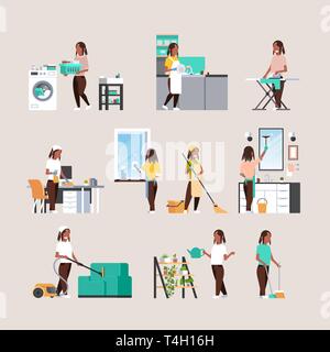 Définir les tâches domestiques ménage ménagère différents concepts collection african american female personnages de télévision pleine longueur Illustration de Vecteur