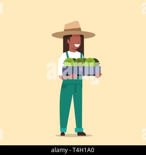 Happy african american farmer holding box avec salade verte légumes chou woman harvesting travailleur agricole en uniforme l'agriculture écologique Illustration de Vecteur