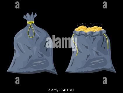 Sac avec des pièces d'or. Tissu Tissu sac d'argent. Des piles de pièces d'or. Concept de l'épargne, don, payer. Vector illustration style de télévision Illustration de Vecteur