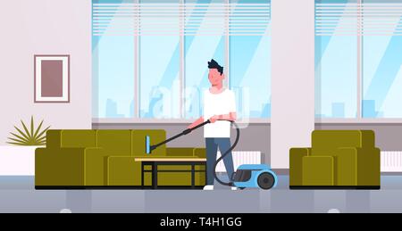 L'homme de la table de nettoyage avec aspirateur guy faire des travaux ménagers concept salon moderne personnage masculin intérieur horizontale pleine longueur Illustration de Vecteur