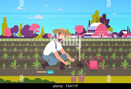 Producteur plantes plantation de jeunes plants de légumes homme travaillant dans jardin ouvrier agricole agriculture écologique des terres agricoles campagne champ concept Illustration de Vecteur