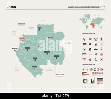 Carte vectorielle du Gabon. Carte pays très détaillés avec la division, les villes et capital Libreville. Une carte politique, carte du monde, les éléments de l'infographie. Illustration de Vecteur