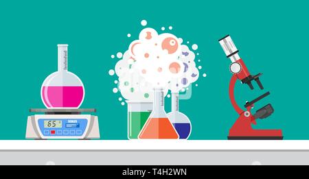 L'équipement de laboratoire, pots, béchers, fioles, microscope et échelles. L'enseignement des sciences de la biologie médicale. Vector illustration style de télévision Illustration de Vecteur