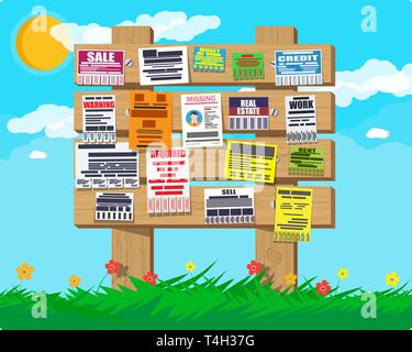 Divers documents de découpe en bois annonce sur le panneau de signalisation. La publicité et l'annonce, vendre, louer, des disparus, de crédit, de travail, de l'argent. Dans l'illustration vectorielle Illustration de Vecteur