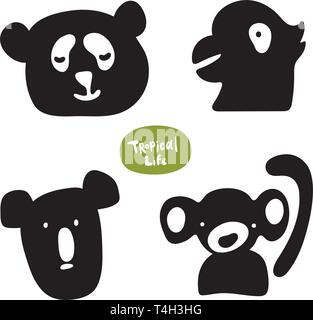 Ensemble vectoriel d'esquisses de gribouille drôle, d'animaux dessinés à la main. Singe, koala, panda, perroquet vecteur isolé silhouettes sur fond blanc Illustration de Vecteur