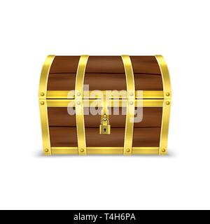 3d Vector Retro Vintage fermé réaliste de meubles anciens en bois vieux trésor pirate brun Dower poitrine avec rayures métal doré et d'un cadenas et serrure Illustration de Vecteur