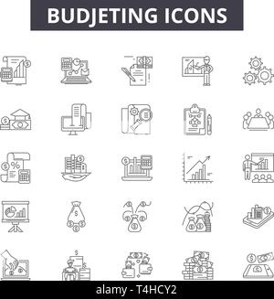 Budjeting les icônes de ligne, signes, vecteur. Budjeting résumé du concept illustration : budget,business,finance,banque,argent,cash,coin,service Illustration de Vecteur