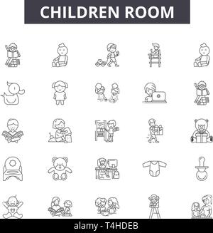 Chambre d'enfant, les signes d'icônes de lignes défini, vecteur. Chambre enfants résumé du concept illustration : prix,les pictogrammes,meubles,baby,dechild Illustration de Vecteur