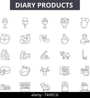 Les produits laitiers, les signes d'icônes de lignes défini, vecteur. Résumé du concept des produits laitiers : lait,illustration,sain,deglass,fromage,produit journal Illustration de Vecteur