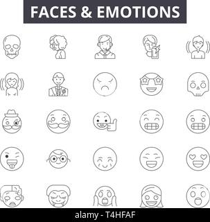 Visages et émotions, signes d'icônes de lignes défini, vecteur. Visages et émotions résumé du concept illustration : face,émotion,professionnels,emotsmile,caricature,fun,funny Illustration de Vecteur
