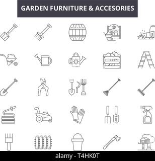 Meubles de jardin et accessoires set d'icônes de lignes, de signes, de vecteur. Meubles de jardin et accessoires contours concept illustration : télévision,simple,debusiness Illustration de Vecteur