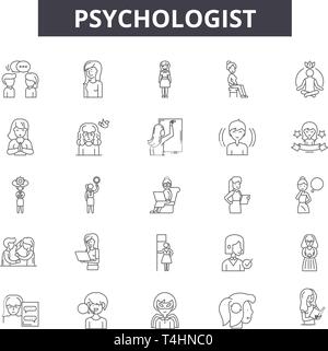 Icônes de ligne psychologue, signes, vecteur. Psychologue résumé du concept, de l'illustration : psychologue psychologie,psychothérapie,traitement,,cerveau,problème Illustration de Vecteur