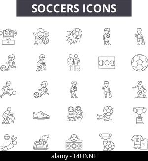 Icônes de ligne de footballeurs, signes, vecteur. Footballeurs résumé du concept, de l'illustration : football,informatique,sport,ball,objectif,sifflet,flag,championship Illustration de Vecteur