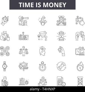 Le temps est argent, signes d'icônes de lignes défini, vecteur. Le temps est argent résumé du concept, de l'illustration : argent,temps,finance,banque,cash,investissement Illustration de Vecteur