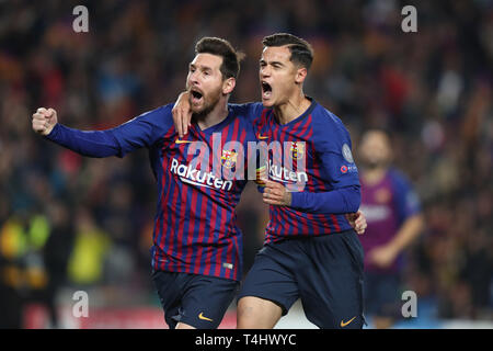 Barcelone, Espagne. Apr 16, 2019. Les joueurs du FC Barcelone Lionel Messi, à gauche, et CLEMENT LENGLET célébrer après Messi marque son premier but de la partie au cours de l'UEFA Champions League, quart de finale contre Manchester United au Camp Nou. Credit : Manuel Blondeau/ZUMA/Alamy Fil Live News Banque D'Images