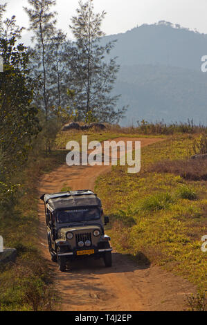 Jeep de la marque 'Mahindra' dans le parc national de Periyar dans le sud de l'Inde, enregistrée sur l'utilisation dans le monde entier 11.02.2019 | Banque D'Images