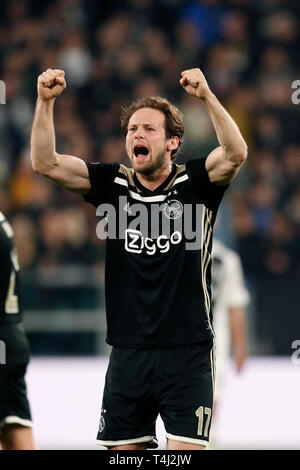 TORINO, Football,16-04-2019, Allianz Stadium . Deuxième quart de finale de la Ligue des Champions Juventus jambe - Ajax. Ajax player Daley Blind célébrer pendant le match Juventus - Ajax (1-2). Banque D'Images