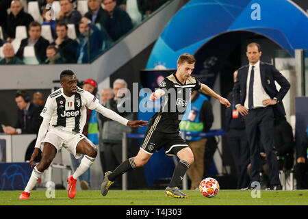 TORINO, Football,16-04-2019, Allianz Stadium . Deuxième quart de finale de la Ligue des Champions Juventus jambe - Ajax. Ajax player Joel Veltman (R) et la Juventus player Blaise Matuidi (L) pendant le jeu Juventus - Ajax (1-2). Banque D'Images