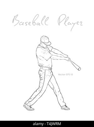 Joueur de baseball avec bat frapper la balle sketch Illustration de Vecteur