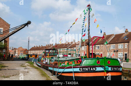 Rivière restauré barge, Syntan, fraîchement peint et décoré de drapeaux pour son 70e anniversaire amarrés sur le Beck, Beverley, UK. Banque D'Images