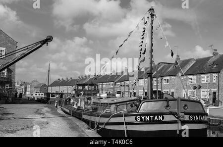 Rivière restauré barge, Syntan, fraîchement peint et décoré de drapeaux pour son 70e anniversaire amarrés sur le Beck, Beverley, UK. Banque D'Images