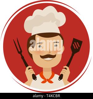 Restaurant logo ou l'étiquette. Happy chef holding barbecue outils. Cartoon vector illustration Illustration de Vecteur