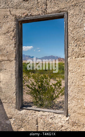 Châssis de fenêtre en béton, les mineurs, ruine, de maquis dans les montagnes Chiso dist, River Road, Désert de Chihuahuan, Big Bend National Park, Texas USA Banque D'Images