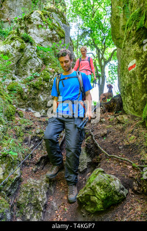 La randonnée sur un sentier difficile et passionnante dans l'aménagement forestier Banque D'Images