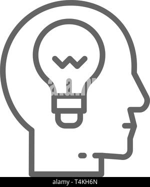 Tête avec lampe, la génération d'idées, penser, l'icône de la ligne de pensée. Illustration de Vecteur