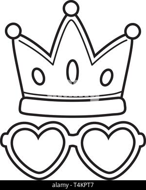 Couronne et coeur icône lunettes noir et blanc cartoon vector illustration graphic design Illustration de Vecteur