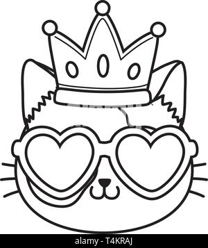 Chat avec coeur lunettes de soleil et l'icône de la couronne cartoon noir et blanc vector illustration graphic design Illustration de Vecteur