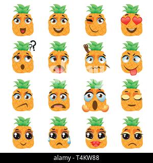 Ensemble d'autocollants du vecteur, émoticônes avec ananas mignon Illustration de Vecteur