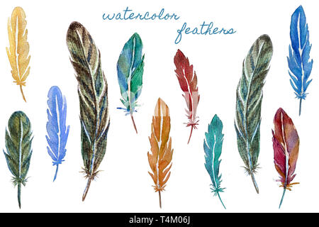 Jeu de plumes lumineuses sur aquarelle sur fond blanc Banque D'Images